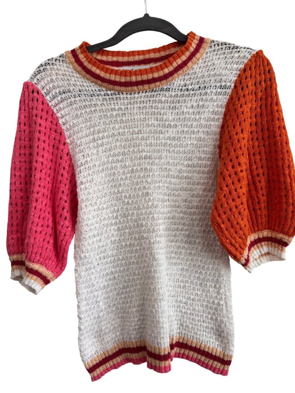 Fate Sweater Puff Short Sleeve Open Knit Colorblock Striped Trim Womens S